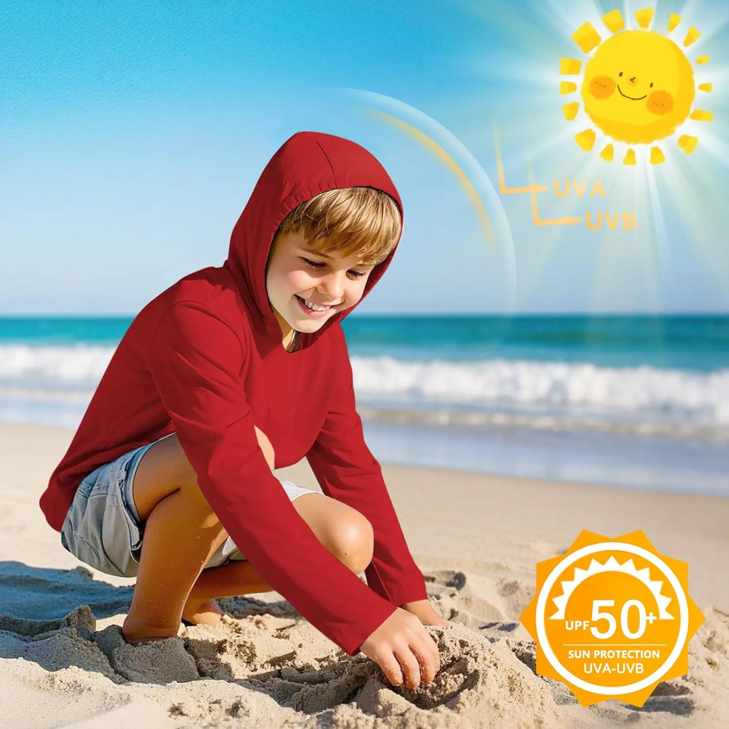 Boys Rash Guard Hoodie UPF 50  Sun Protection Long Sleeve Swim Shirt Quick Dry Kids SPF Fishing Water Beach Shirts