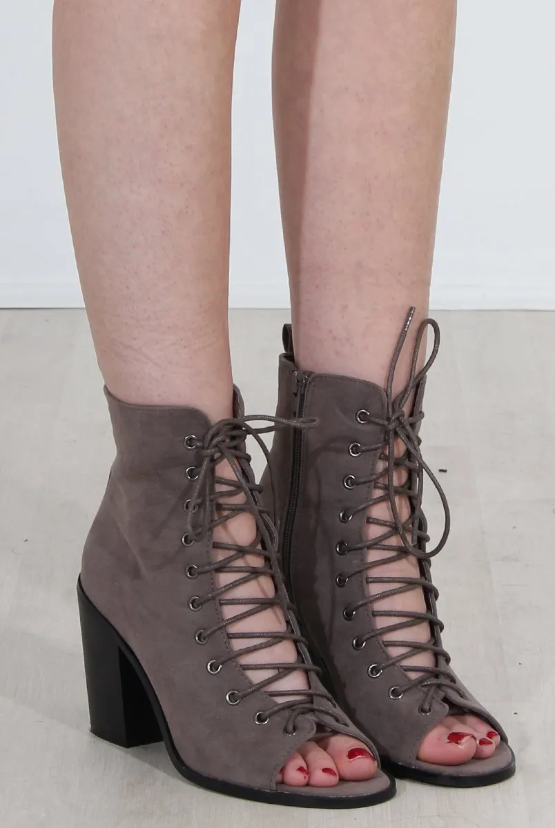 Don Grey Lace Up Peep Toe Ankle Boots