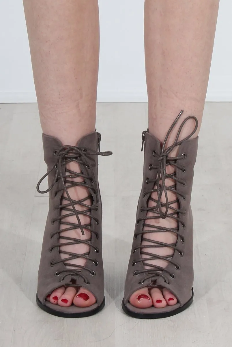 Don Grey Lace Up Peep Toe Ankle Boots