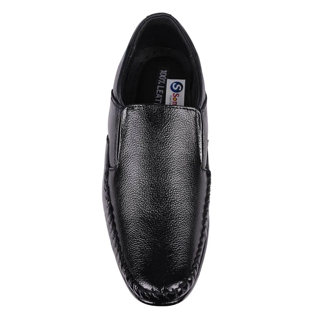 Genuine Leather Men's Formal Stitched Black Slip On Shoes