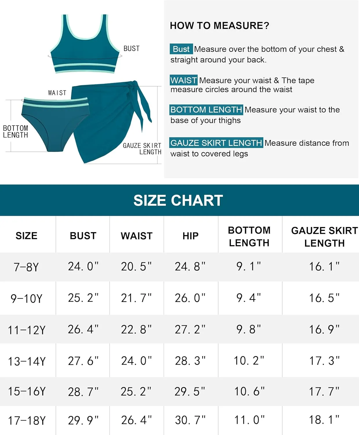 Girls Swimsuit Double Strap High Waist Sporty Bikini Swimsuits Swim Cover Up Skirt 3 Piece Set