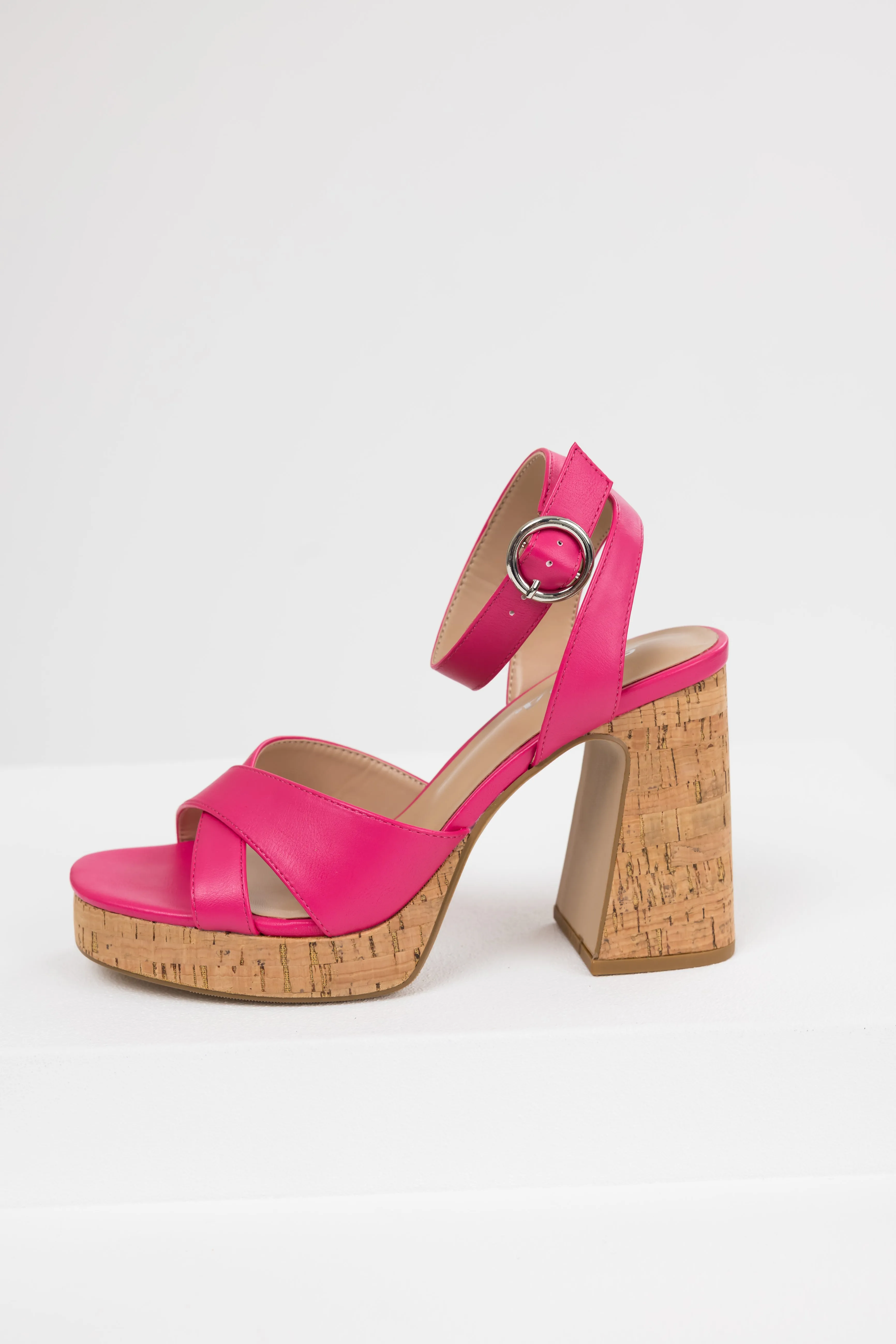 Hot Pink Ankle Strap Cork Platform Heels