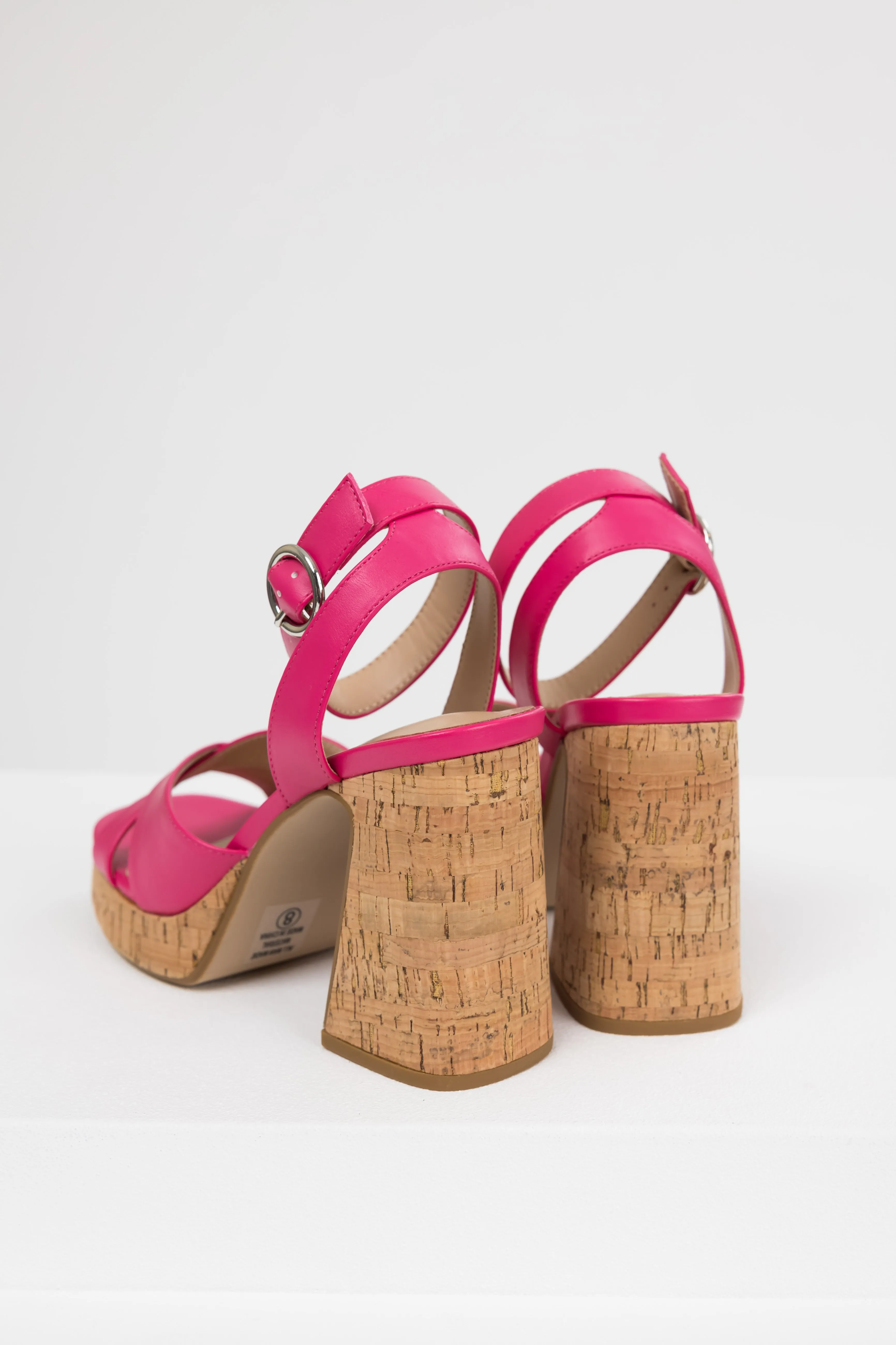Hot Pink Ankle Strap Cork Platform Heels