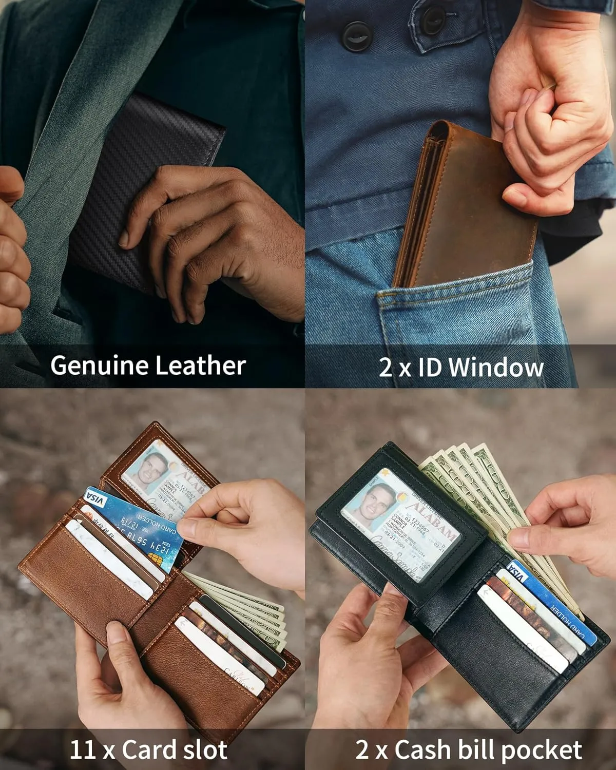 Mens Wallet Bifold Genuine Leather RFID Blocking Wallet for Men with 2 ID Windows 11 Card Holders 2 cash pockets 1 Gift Box