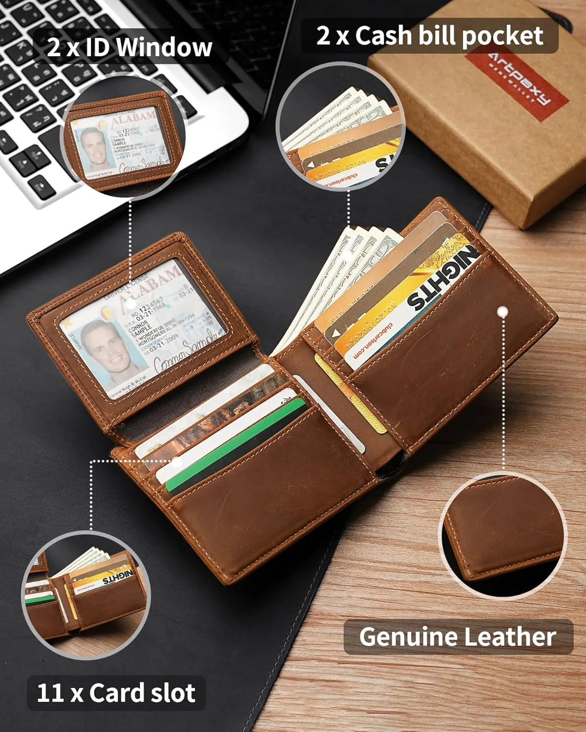 Mens Wallet Bifold Genuine Leather RFID Blocking Wallet for Men with 2 ID Windows 11 Card Holders 2 cash pockets 1 Gift Box