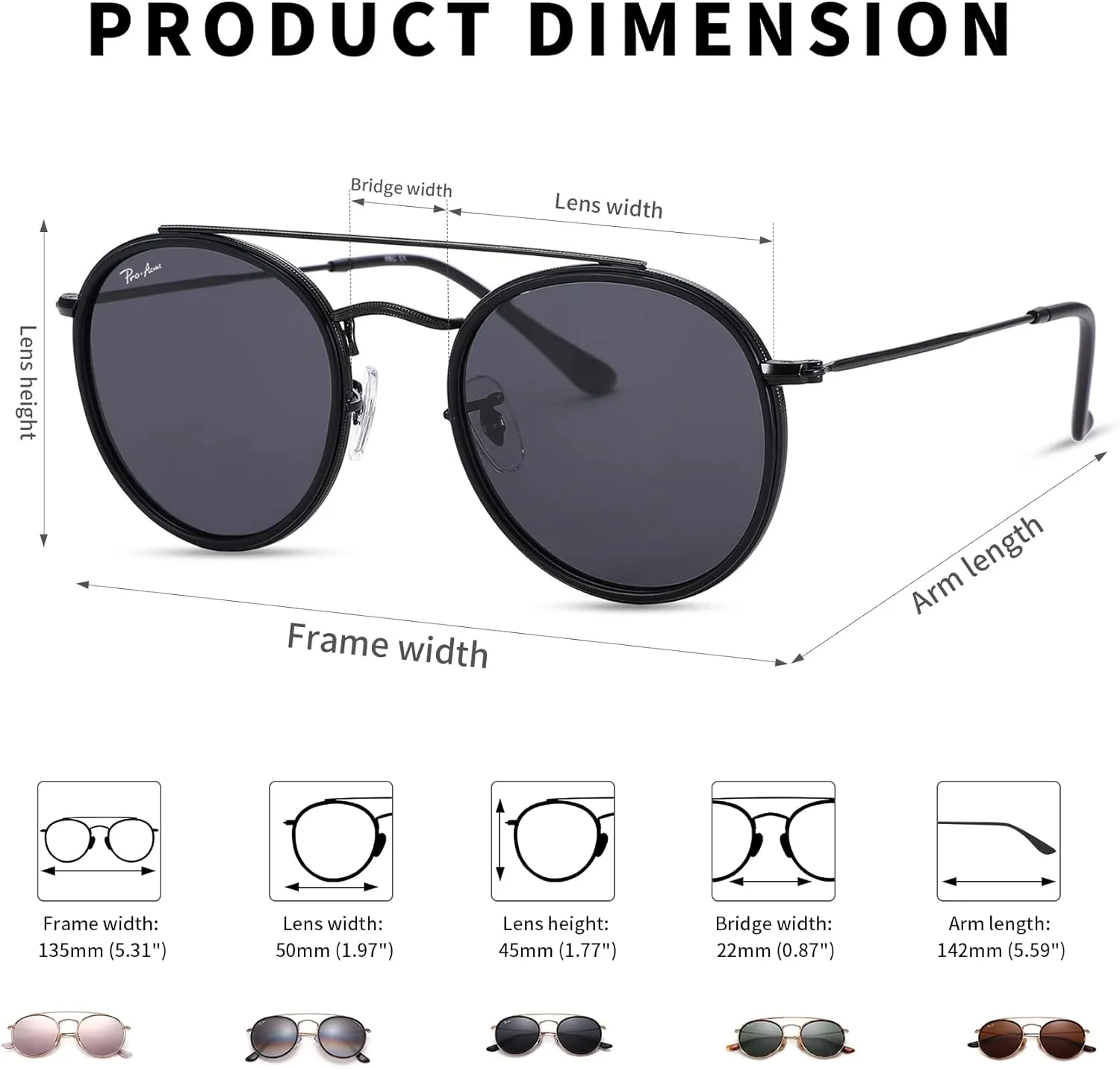 Pro Acme Double Bridge Round Sunglasses for Women Men 100% Real Glass Lens Retro UV400 Protection Retro Circle Sun Glasses