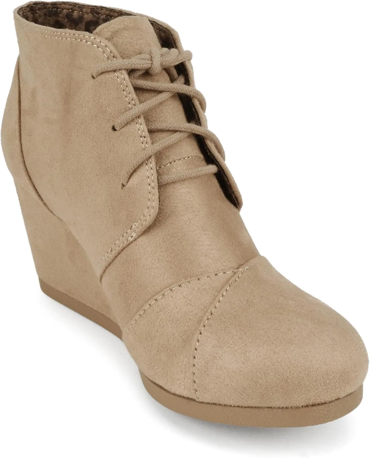 Soda REX ~ Women Lace Up Rounded Toe Low Wedge Ankle Bootie