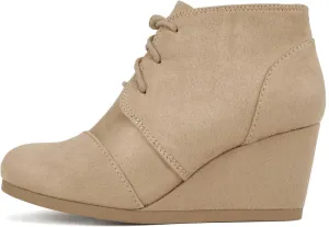 Soda REX ~ Women Lace Up Rounded Toe Low Wedge Ankle Bootie