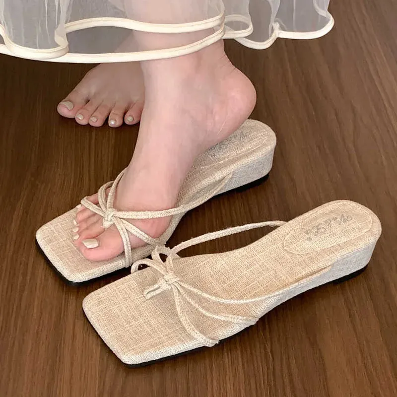 TAVIMART  -  Red Brown Summer New Brand Women Slipper Fashion Low Weadge Heel Sandal Narrow Band Outdoor Vaction Beach Slides Shoes
