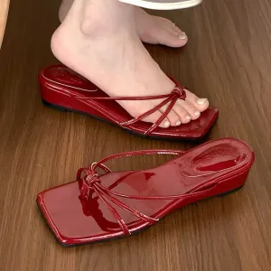 TAVIMART  -  Red Brown Summer New Brand Women Slipper Fashion Low Weadge Heel Sandal Narrow Band Outdoor Vaction Beach Slides Shoes
