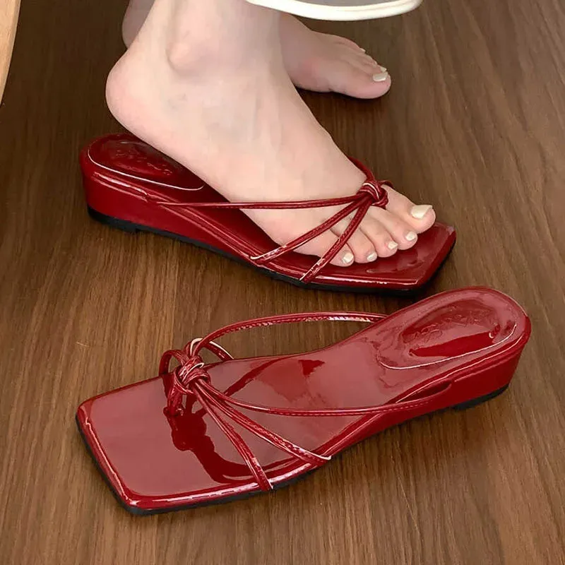 TAVIMART  -  Red Brown Summer New Brand Women Slipper Fashion Low Weadge Heel Sandal Narrow Band Outdoor Vaction Beach Slides Shoes