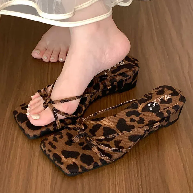 TAVIMART  -  Red Brown Summer New Brand Women Slipper Fashion Low Weadge Heel Sandal Narrow Band Outdoor Vaction Beach Slides Shoes