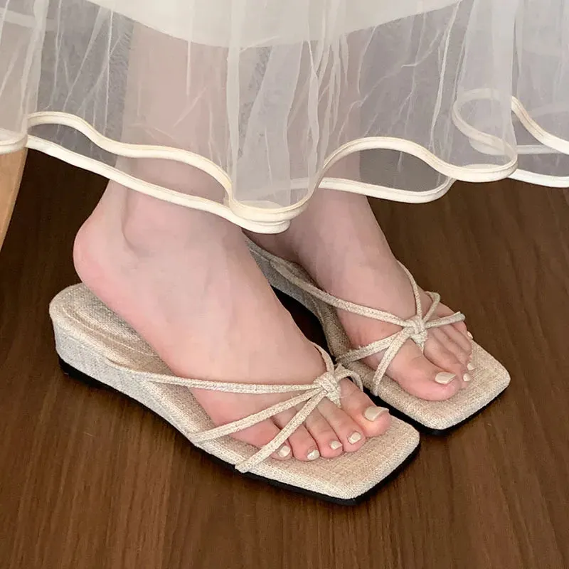 TAVIMART  -  Red Brown Summer New Brand Women Slipper Fashion Low Weadge Heel Sandal Narrow Band Outdoor Vaction Beach Slides Shoes