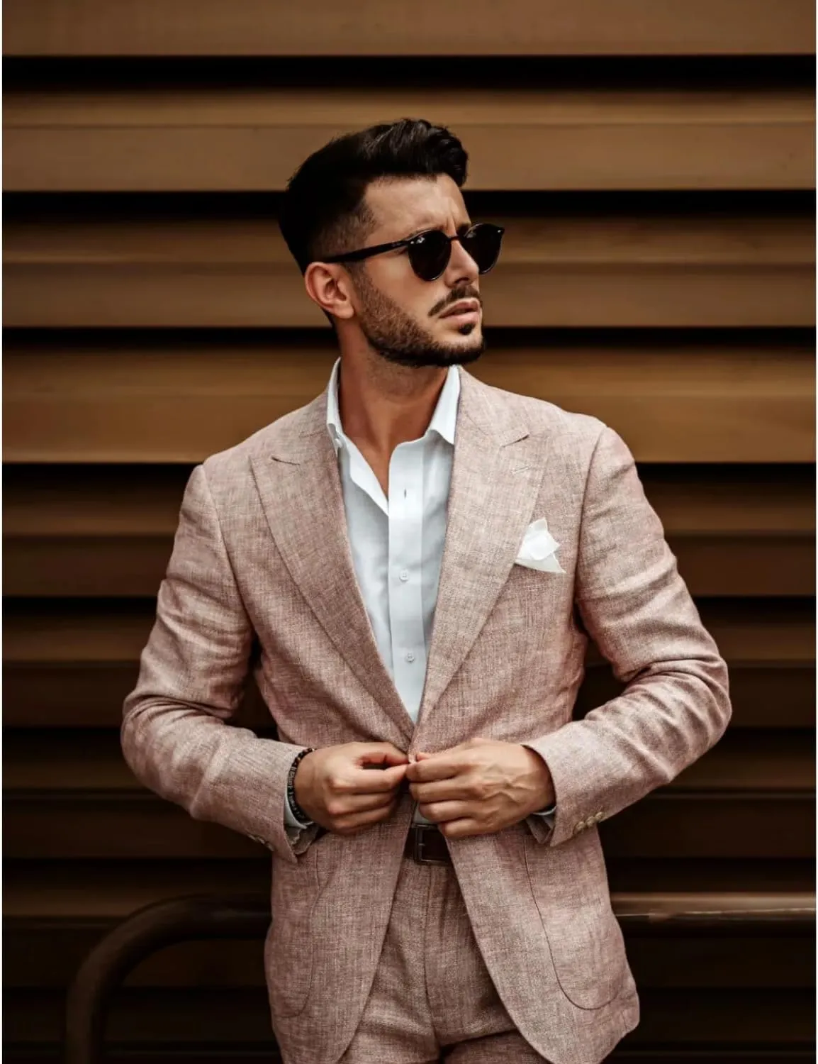 UNINUKOO Linen Suit for Men Summer Wedding 2 Piece Suit Set Peak Lapel Casual Blazer Pants Beach Wear for Men