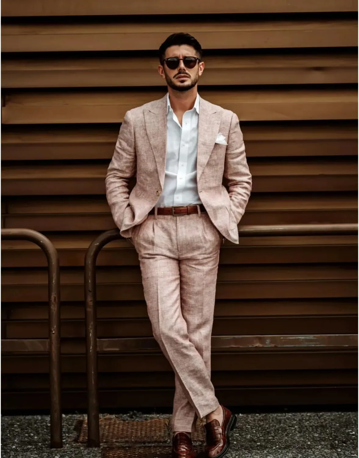 UNINUKOO Linen Suit for Men Summer Wedding 2 Piece Suit Set Peak Lapel Casual Blazer Pants Beach Wear for Men